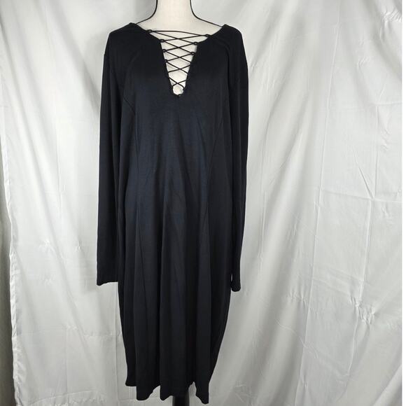 Lane Bryant Black Lace Up Long Sleeve Midi Dress Women’s Size 26 Plus Stretch - Picture 3 of 9